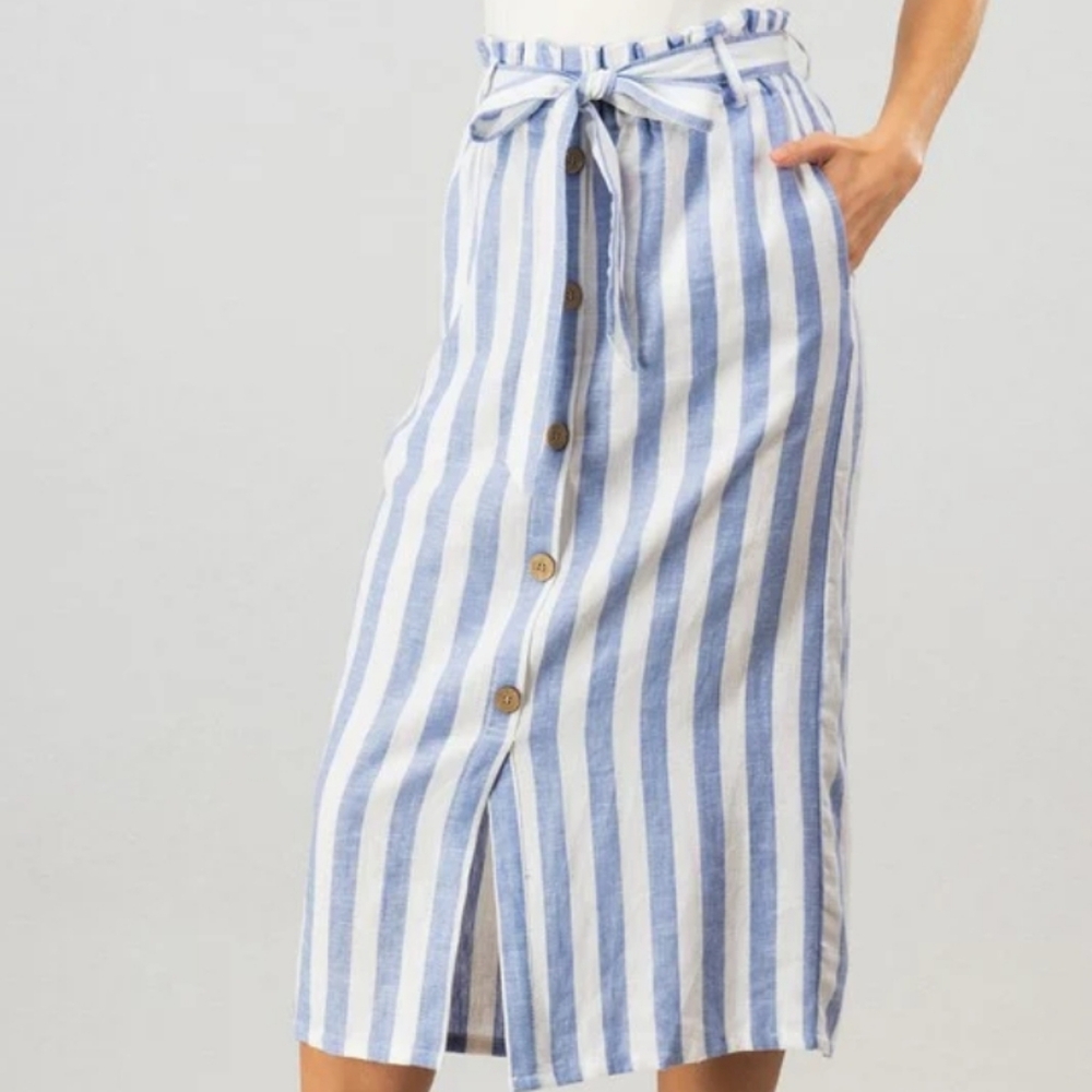 Love Tree Blue and White Striped Maxi Skirt with Front Buttons